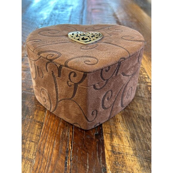 Brighton Brown Suede Heart Shaped Jewelry Box With Swirl Pattern & Metal Accent - Picture 2 of 11